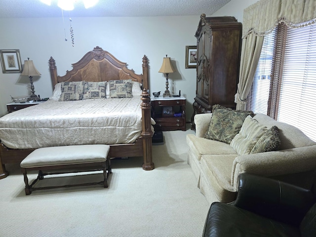 bedroom with a textured ceiling and carpet floors