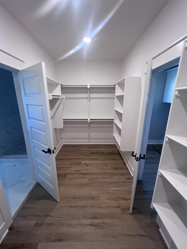 walk in closet featuring dark hardwood / wood-style flooring