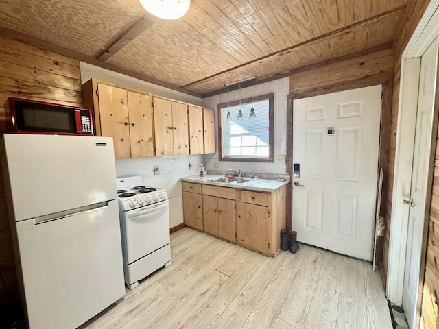 kitchen featuring backsplash, sink, white appliances, light hardwood / wood-style flooring, and wooden ceiling