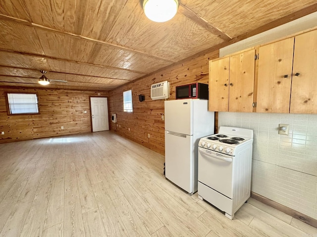 kitchen featuring wooden walls, white appliances, light hardwood / wood-style flooring, a wall mounted air conditioner, and wood ceiling