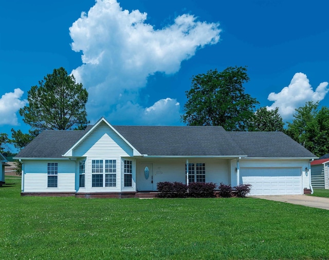 ranch-style house featuring concrete driveway, a front lawn, an attached garage, and a shingled roof