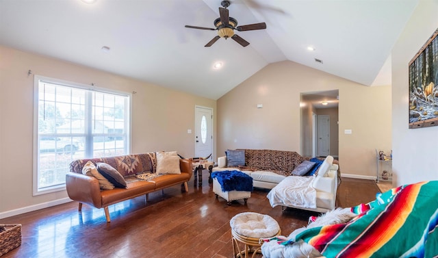 living room with ceiling fan, dark hardwood / wood-style flooring, and lofted ceiling