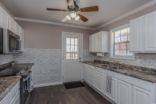 kitchen with white cabinetry, appliances with stainless steel finishes, a healthy amount of sunlight, dark wood-type flooring, and sink