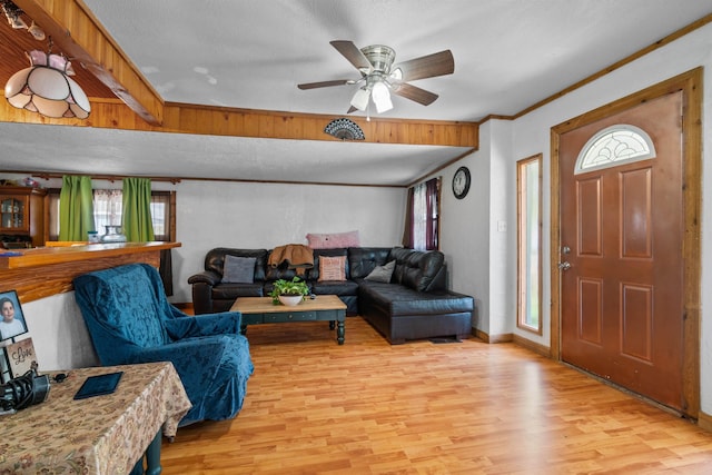 living room with light wood-type flooring, ceiling fan, crown molding, and a textured ceiling