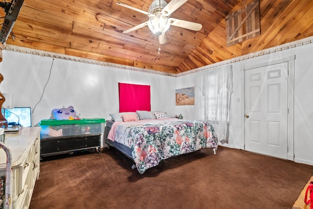 carpeted bedroom featuring ceiling fan, high vaulted ceiling, and wooden ceiling