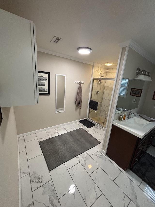 bathroom featuring vanity, crown molding, and walk in shower