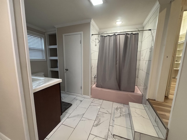 bathroom featuring vanity, crown molding, and shower / bath combination with curtain