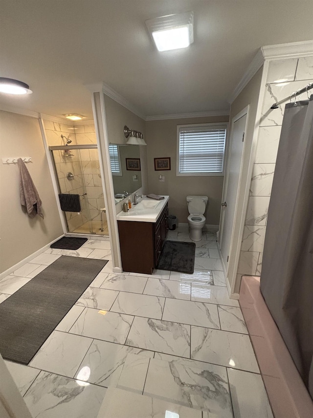 bathroom featuring toilet, vanity, crown molding, and curtained shower