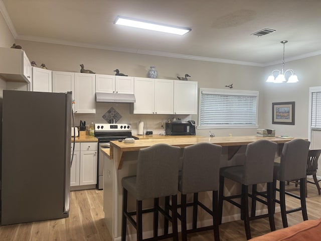 kitchen with wood counters, a kitchen bar, appliances with stainless steel finishes, pendant lighting, and white cabinets