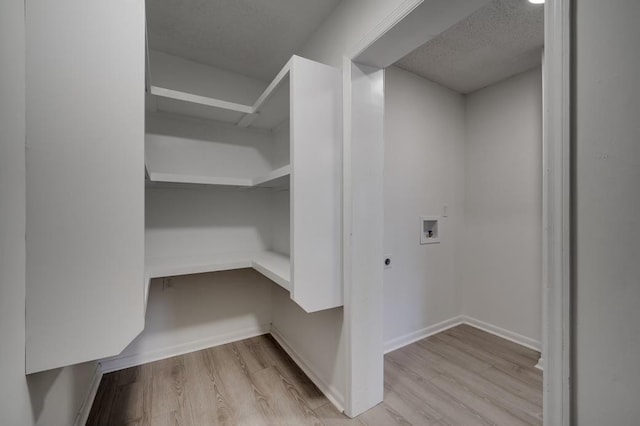 walk in closet with light hardwood / wood-style flooring