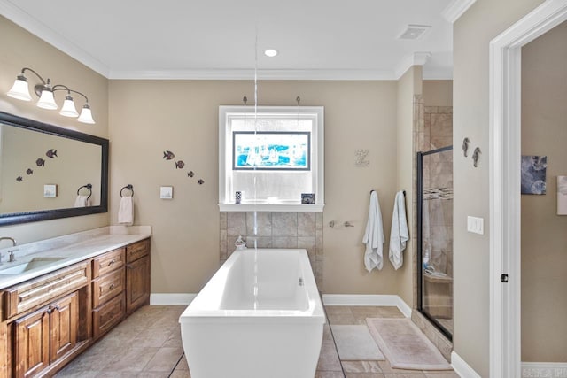 bathroom with vanity, ornamental molding, independent shower and bath, and tile patterned flooring