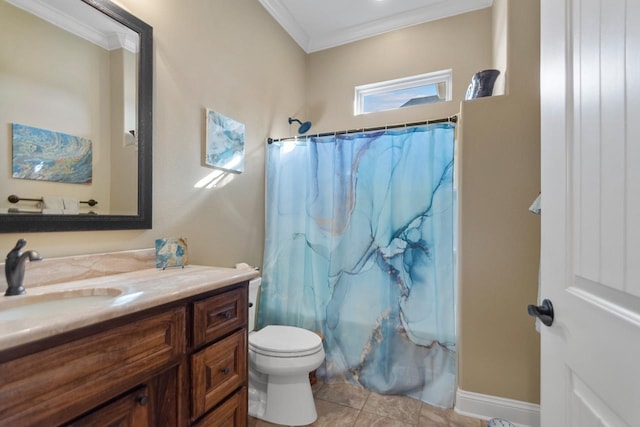 full bathroom featuring tile patterned floors, vanity, shower / tub combo, toilet, and ornamental molding