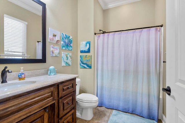 bathroom with tile patterned flooring, vanity, toilet, walk in shower, and ornamental molding