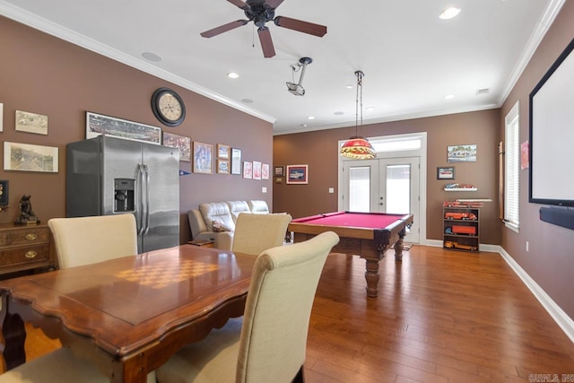 playroom featuring dark hardwood / wood-style flooring, french doors, billiards, ceiling fan, and crown molding