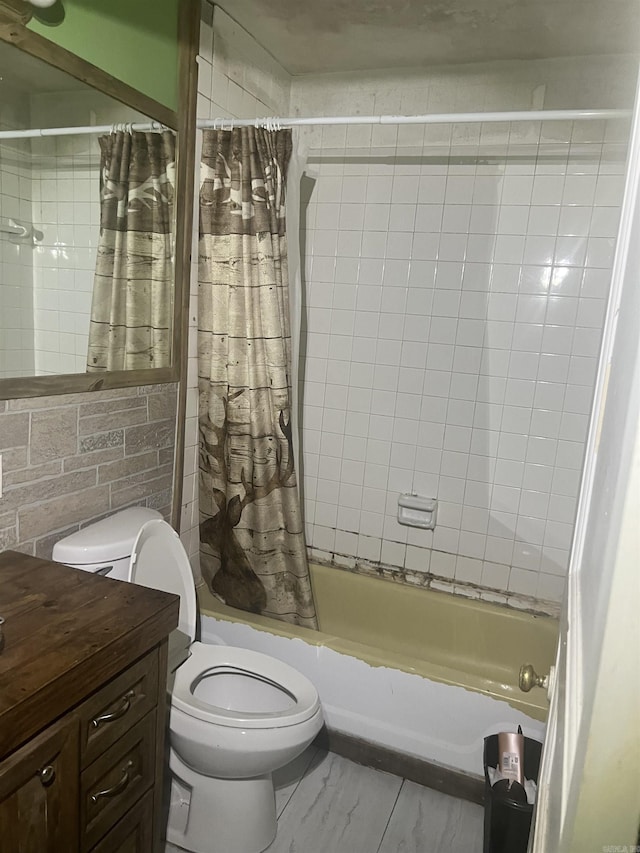 bathroom with toilet, tile walls, and shower / bath combination with curtain