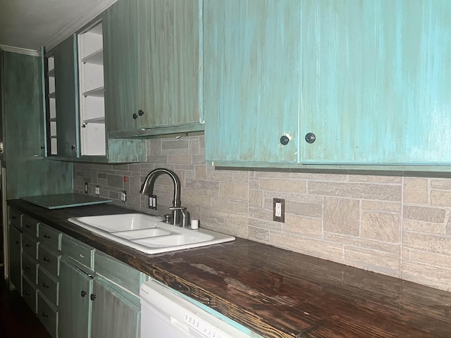 kitchen featuring white dishwasher, sink, backsplash, and crown molding