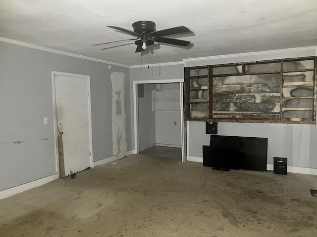 unfurnished living room featuring ceiling fan and crown molding