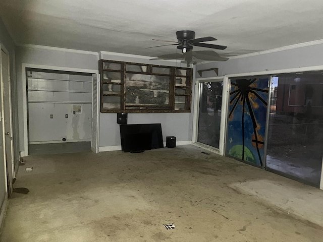 unfurnished living room featuring concrete floors and crown molding