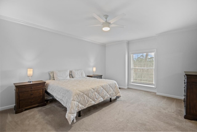 bedroom with light carpet, crown molding, and ceiling fan