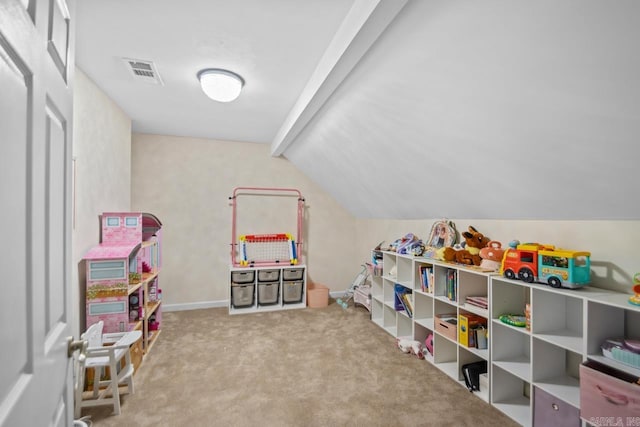 game room featuring vaulted ceiling and light carpet