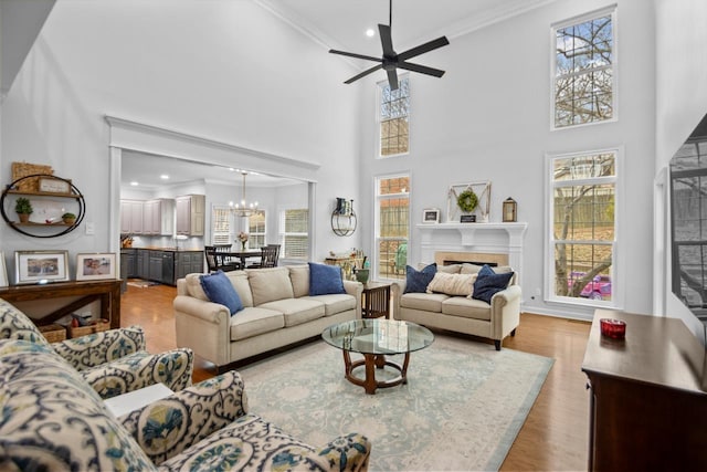 living room featuring a fireplace, crown molding, light hardwood / wood-style flooring, and a wealth of natural light