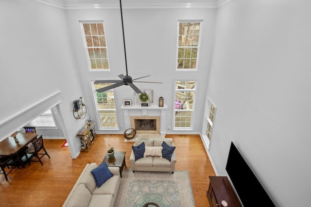 living room with a tiled fireplace, hardwood / wood-style floors, ceiling fan, and a high ceiling