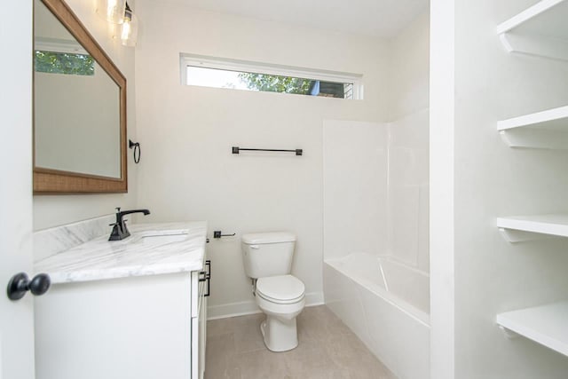 full bathroom with shower / bathtub combination, toilet, vanity, and tile patterned flooring