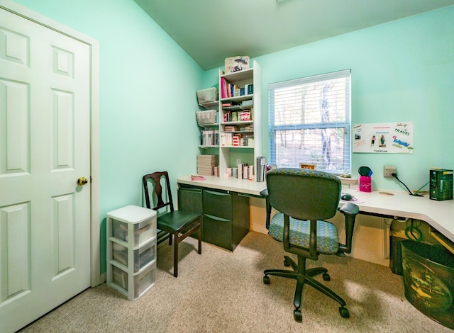 office with vaulted ceiling and light colored carpet