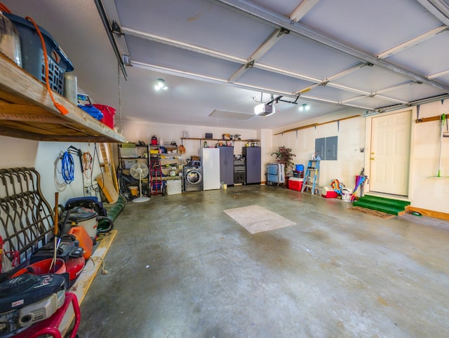 garage featuring a garage door opener, electric panel, and refrigerator