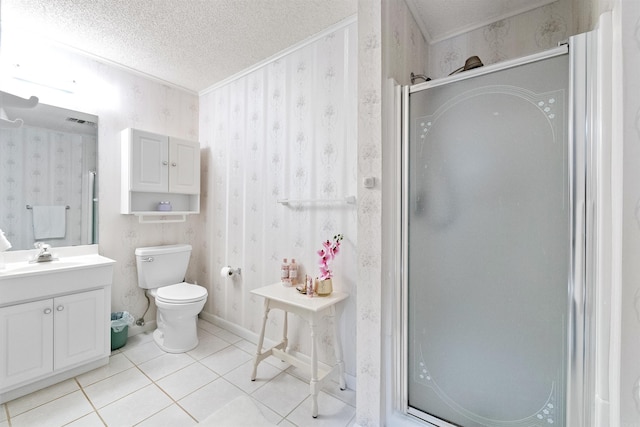 bathroom featuring vanity, tile patterned floors, a shower with shower door, ornamental molding, and a textured ceiling