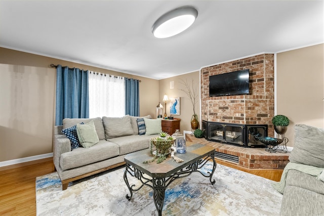 living room with a fireplace and wood-type flooring