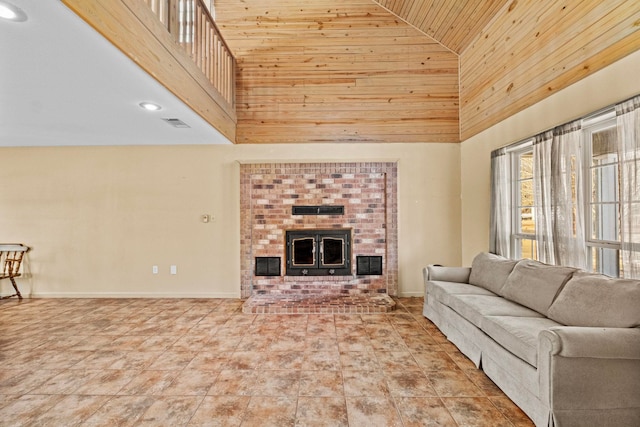 living room with high vaulted ceiling and wood ceiling