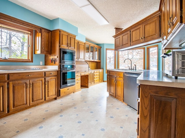 kitchen featuring sink, a textured ceiling, and black appliances