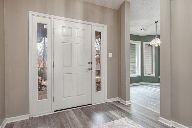 foyer entrance with a textured ceiling, a wealth of natural light, and wood-type flooring