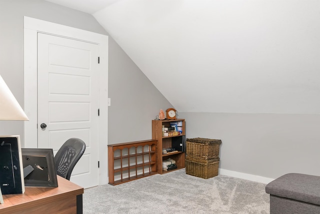 home office with carpet and lofted ceiling