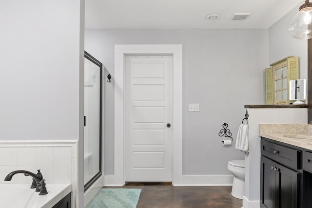 full bathroom with plus walk in shower, toilet, concrete floors, and vanity