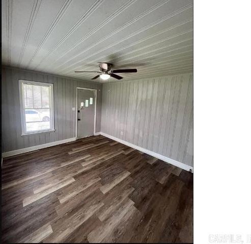 interior space featuring ceiling fan and dark hardwood / wood-style floors