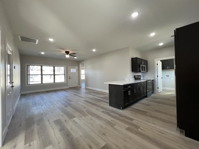 kitchen featuring ceiling fan, stainless steel appliances, and light hardwood / wood-style floors