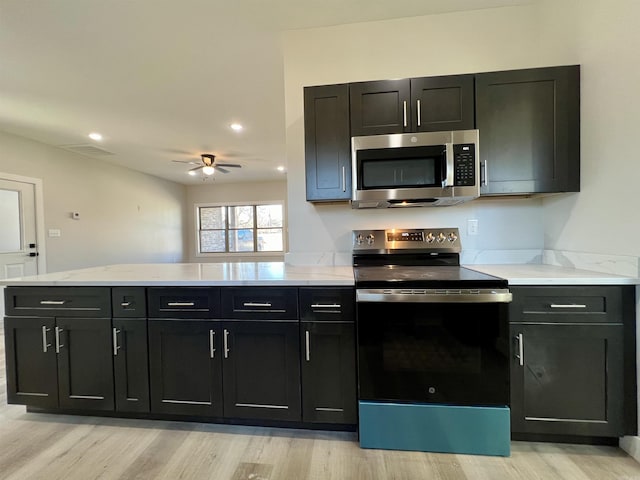 kitchen with ceiling fan, light hardwood / wood-style floors, kitchen peninsula, and stainless steel appliances