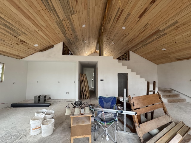 dining area with high vaulted ceiling, beam ceiling, and wooden ceiling