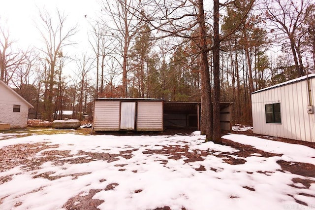 exterior space featuring a storage unit