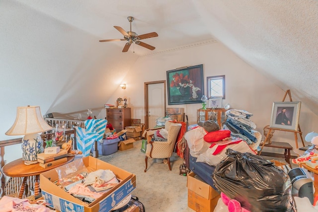 interior space with ceiling fan, a textured ceiling, lofted ceiling, and light carpet