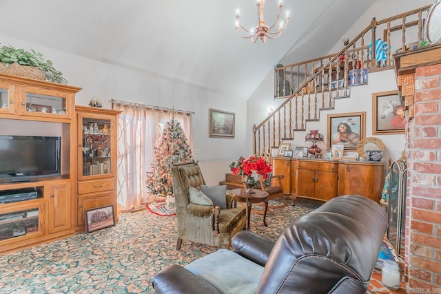 living room featuring high vaulted ceiling and a chandelier