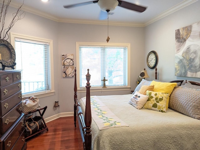 bedroom with ceiling fan, dark wood-type flooring, multiple windows, and crown molding