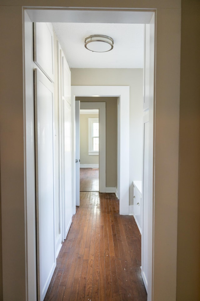 corridor with dark hardwood / wood-style flooring