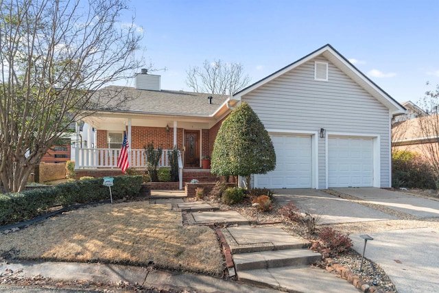 single story home with covered porch and a garage