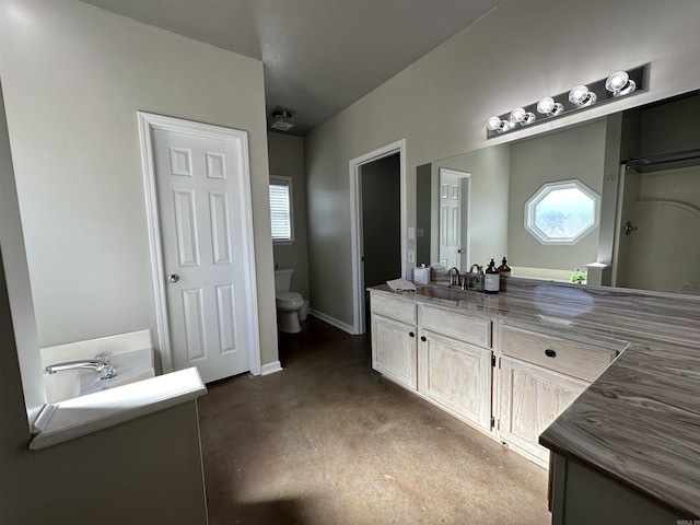 bathroom featuring toilet, vanity, and walk in shower