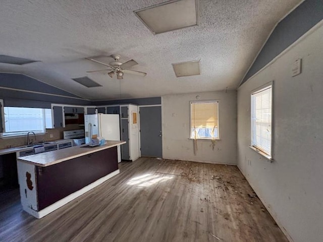 kitchen featuring lofted ceiling, ceiling fan, dark wood-type flooring, a textured ceiling, and range