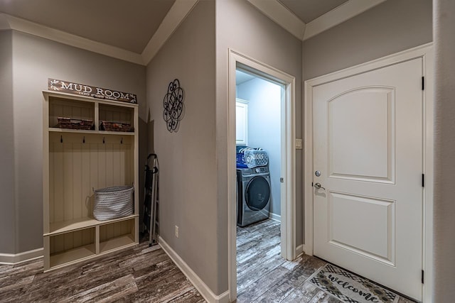 mudroom featuring washer / dryer, ornamental molding, and hardwood / wood-style floors