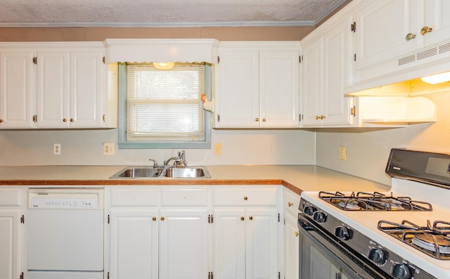 kitchen featuring range with gas cooktop, dishwasher, white cabinetry, sink, and crown molding